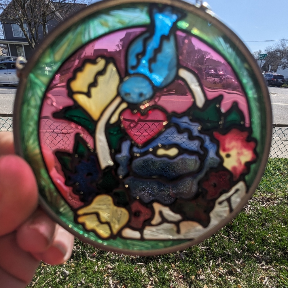 Vintage Handmade Stained Glass Bird on Flowers Hanging Suncatcher